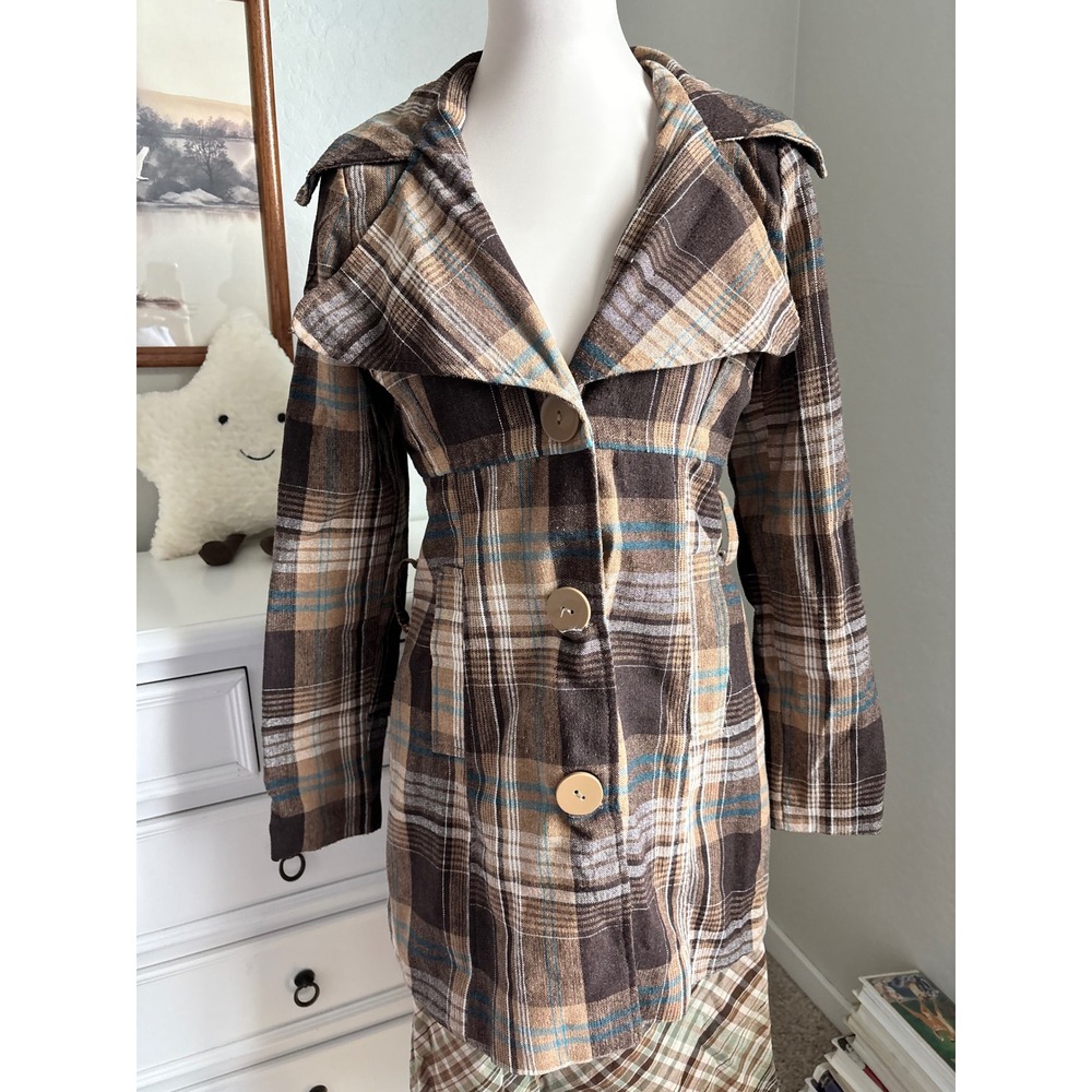 y2k Plaid Trench Coat Vintage Brown Checkered Longline Jacket Fall Academia